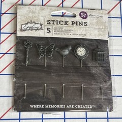 Prima Epiphany Stick Pins Metal Embelishments Bird Clock Butterfly 5pc Crafts