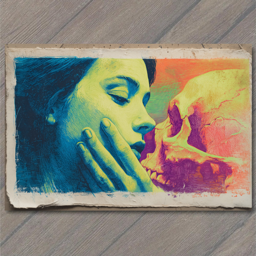 STICKER Woman Facing Skull Rainbow Acid Color Love Death Romance Surreal