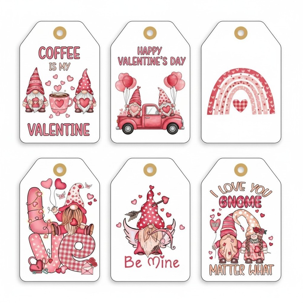 4 Gnome Valentine Tags Junk Journal Scrapbook Pink