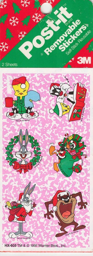1991 Looney Toons Christmas 3M Stickers Tasmanian Devil, Bugs, Tweety, Daffy