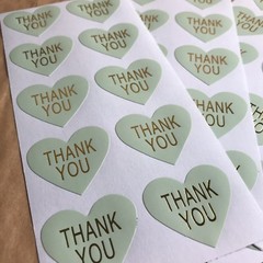 50 Heart Thank You Stickers On Glossy Mint Paper With Gold Lettering