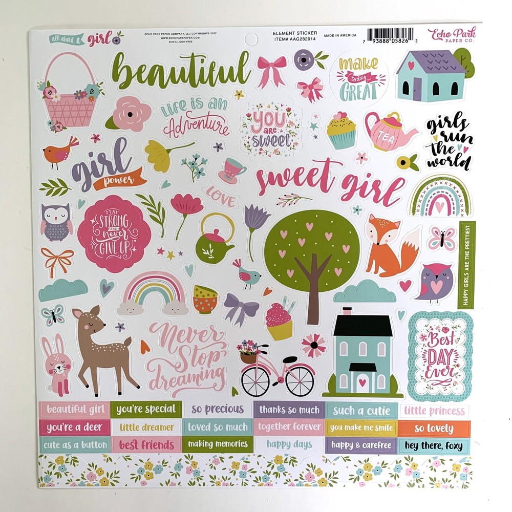 (1) 12×12 Sheet of Echo Park Paper ALL ABOUT A GIRL Scrapbook Element Stickers
