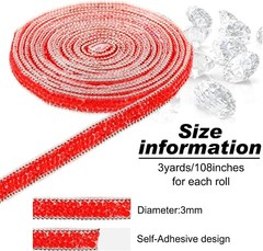 108″ x 0.4″ Sliver Red Bling Crystal Rhinestone Diamond DIY Decor Sticker Decal