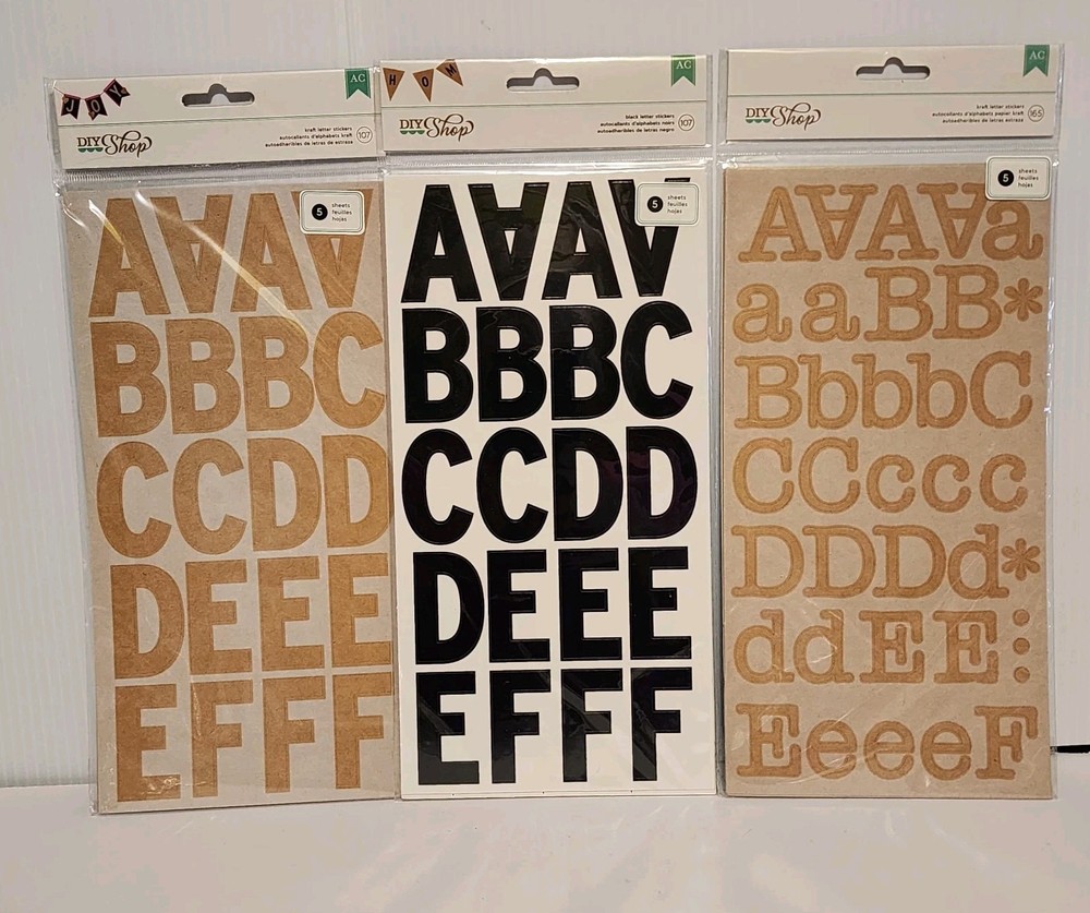 American Crafts DIY Shop Large Letter Stickers Kraft & Black- Lot of 3