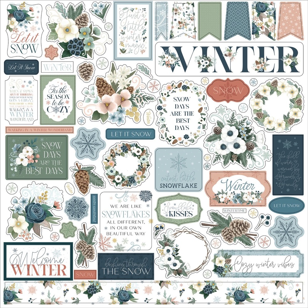 (1) 12×12 Sheet Carta Bella Paper WINTER WONDERLAND Scrapbook Element Stickers