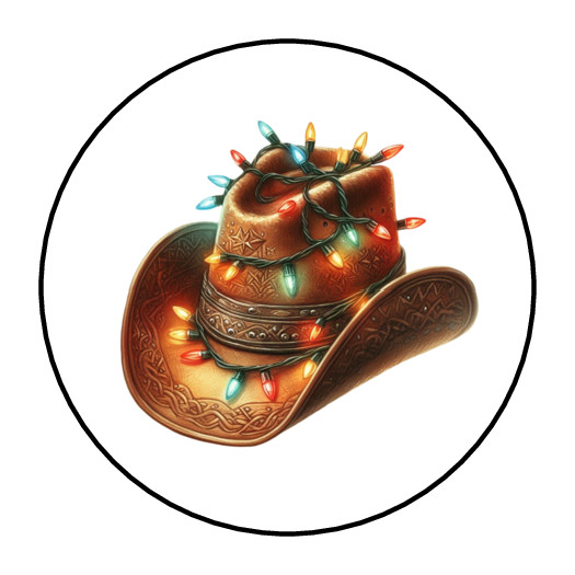 30 Christmas lights cowboy hat envelope seals, stickers labels, tags, round