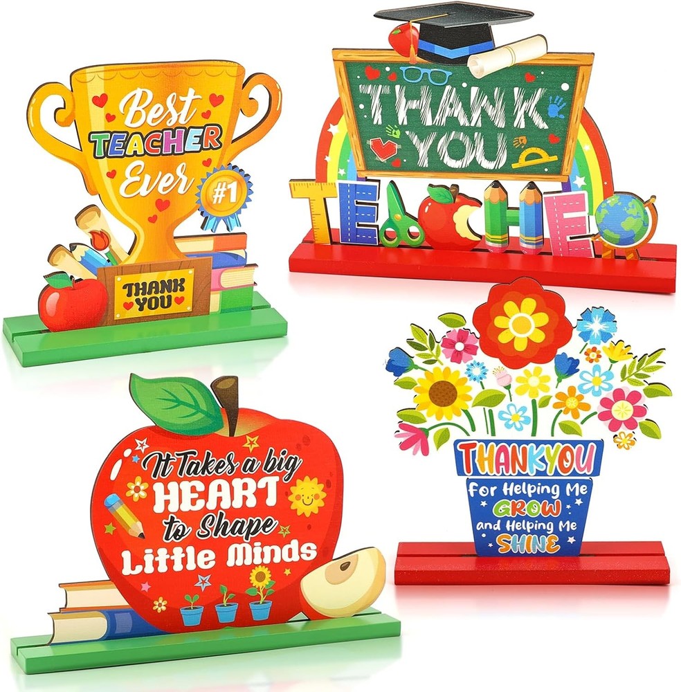 4PCS Teacher Appreciation Wooden Sign Table Decoration School Classroom Desk