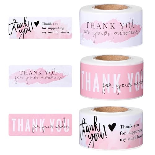3 Rolls 1 x 3 inch Thank You Sticker, Thank You Stickers Small Pink&white