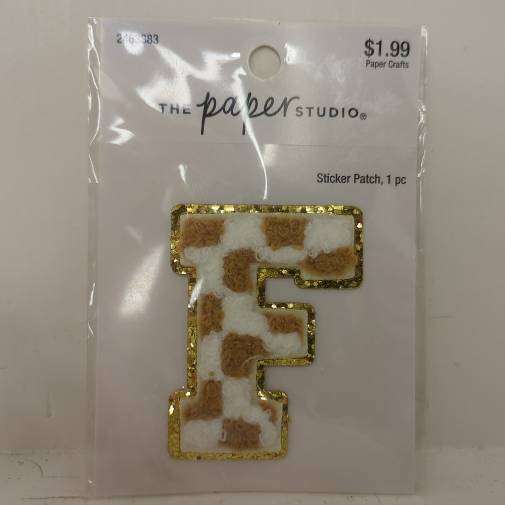 The Paper Studio Chenille F Brown White Checker Sticker Patch Alphabet Letter