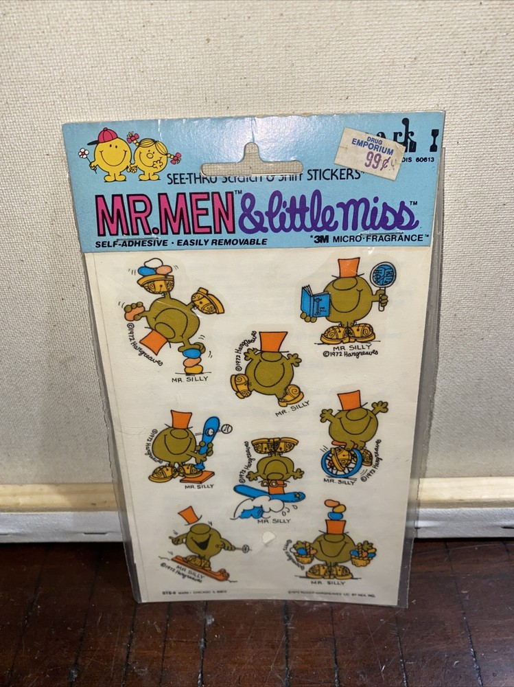 1972 SCRATCH N SNIFF MR. MEN AND LITTLE MISS STICKERS SEE THRU MARK 1 Mr. Silly