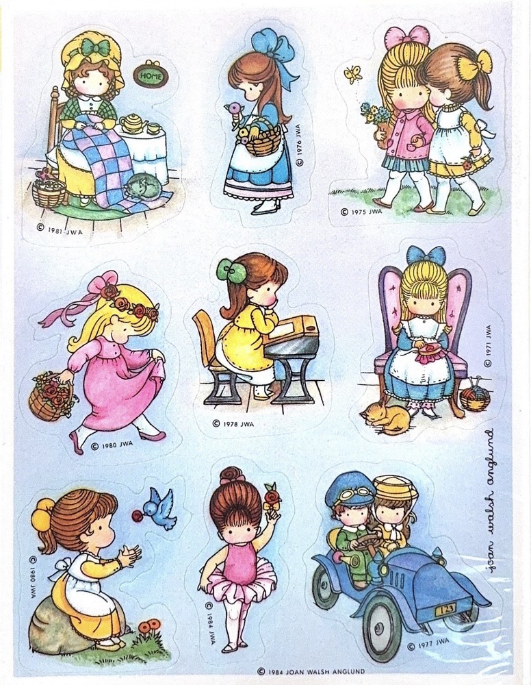 Vintage 1984 Hallmark Sticker Sheet Joan Walsh Anglund Sweet Girls Flowers Blue