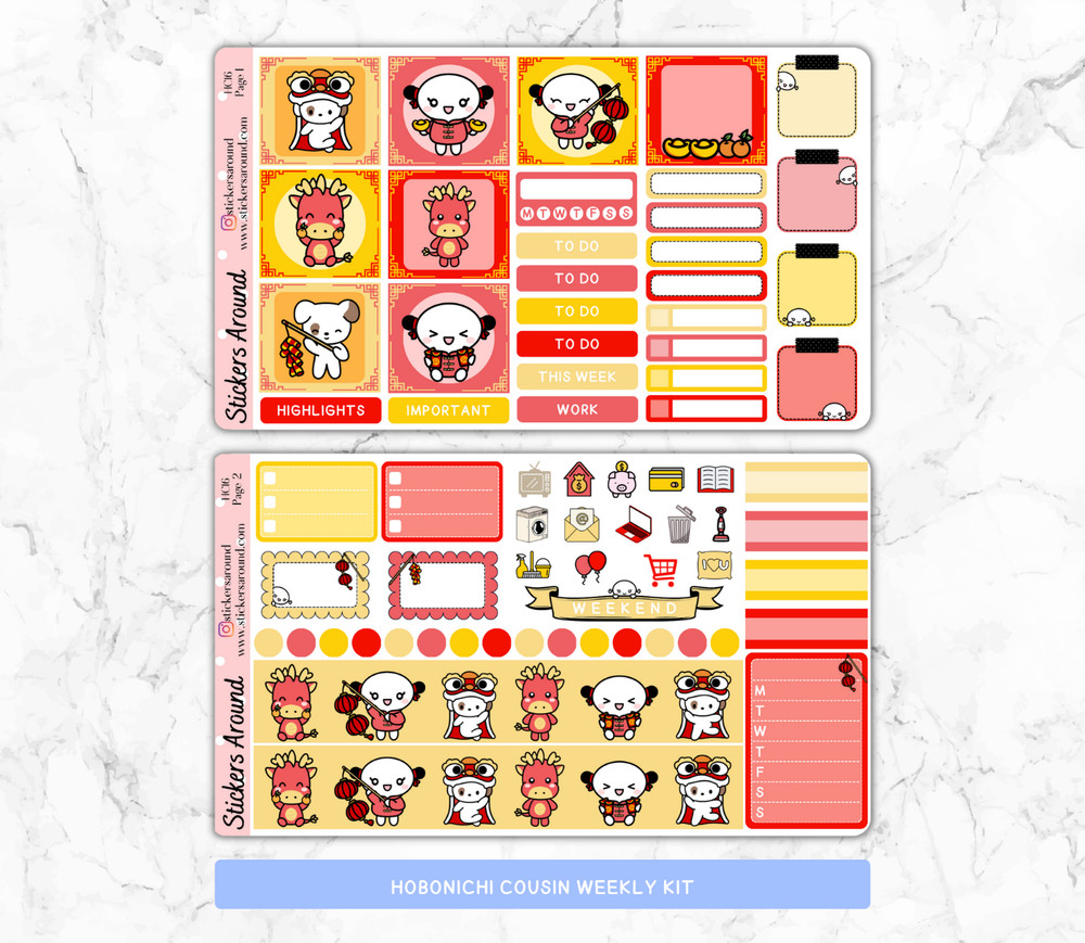 Chinese New Year Hobonichi Cousin Weekly Kit, Hand Drawn Planner Sticker Kit