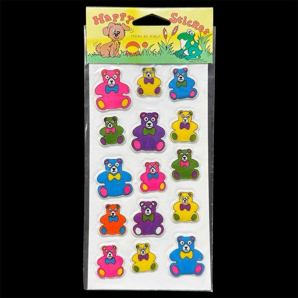 Vintage Stickers Puffy Happy Colourful Teddy Bears Sealed Sheet Scrapbook Rare C