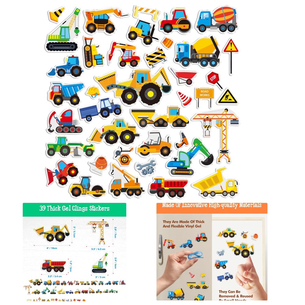39PCS Construction Vehicle Jelly Stickers – Removable & Reusable Gel Decals