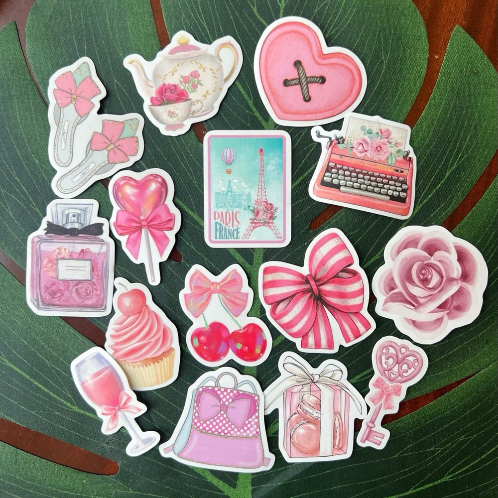 Pink Girly Coquette Sticker Pack of 15 Waterproof Vinyl, Bow Cherry Paris & More