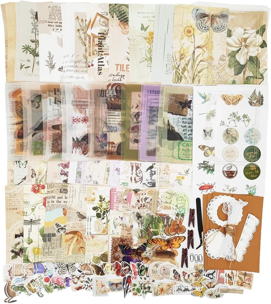 251PCS Vintage Scrapbook Supplies Pack, Scrapbooking Paper and Stickers Ephemera