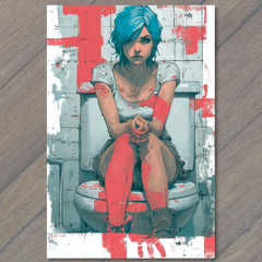 STICKER Blue Haired Woman Sitting Toilet White Red Paint Splatter Urban Grit