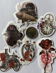 VICTORIAN ASSORTMENT Stickers(6pc)Steampunk•Skull •Roses•Clock•Flowers•Gears•