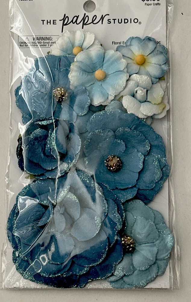 THE PAPER STUDIO 3D FLORAL EMBELLISHMENTS TWO SHADES LT BLUE PAPER FLOWERS 12PCS