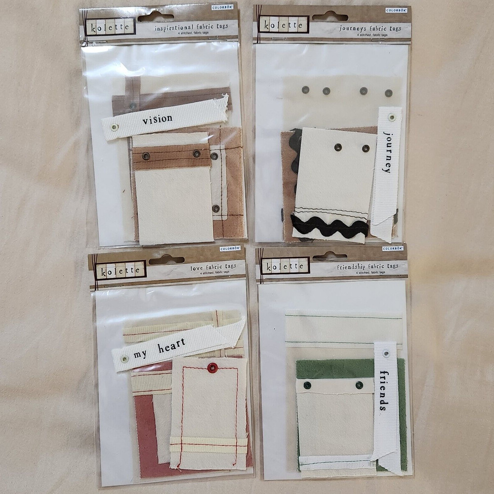 NEW Lot 4 Pkgs Kolette Fabric Tags Love Friendship Journeys Inspirational -B