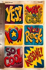 Vintage Sticker Sheet SUPER Sayings YES! Way to Go! Wow You Rock So Cool Awesome