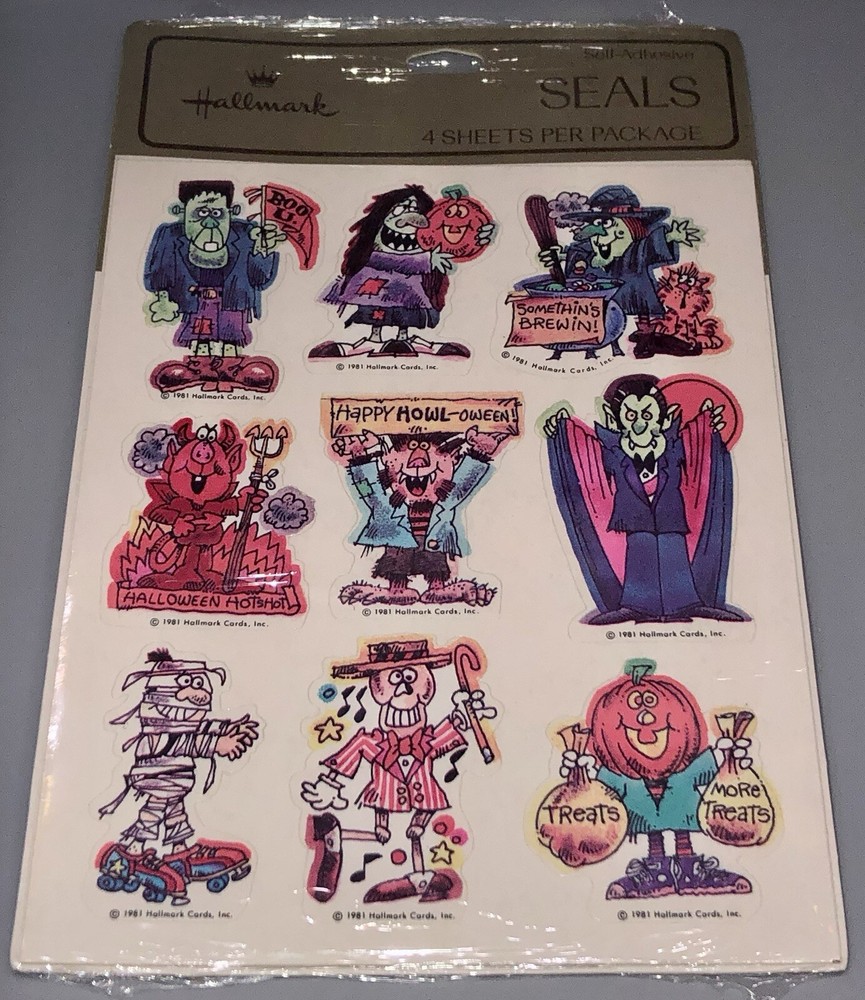 NEW OLD STOCK- 1 Pack Of 4 Sheets 1981 Hallmark Vintage Halloween Sticker Seals