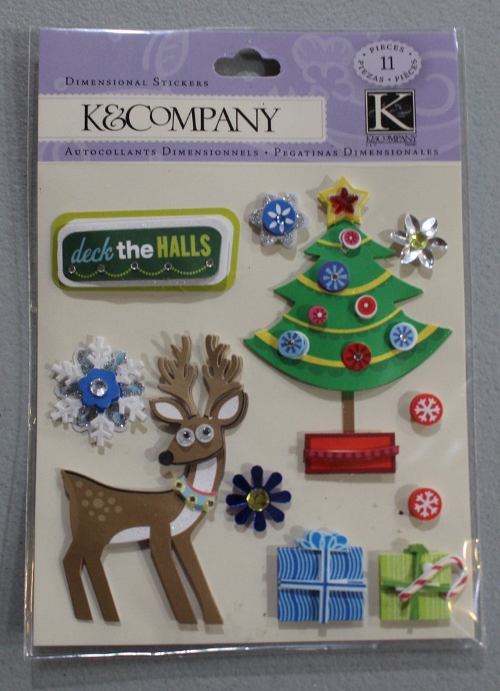 New Dimensional K & Company scrapbook stickers Christmas reindeer present snow