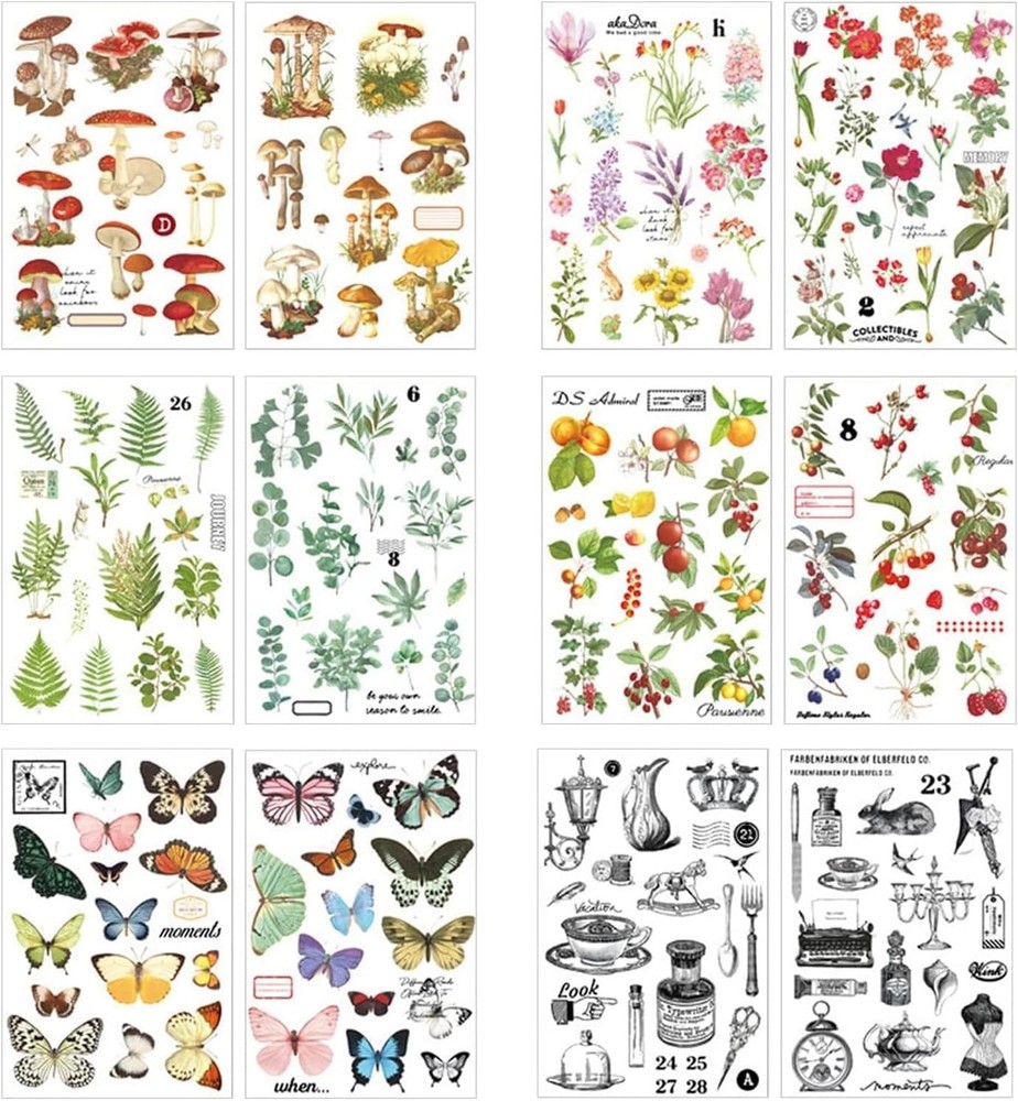 12 Sheets Rub on Transfers for Furniture Crafts Butterfly Flower Plant Stickers