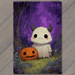 STICKER Adorable Horned Creature With Pumpkin In Enchanted Halloween Forest