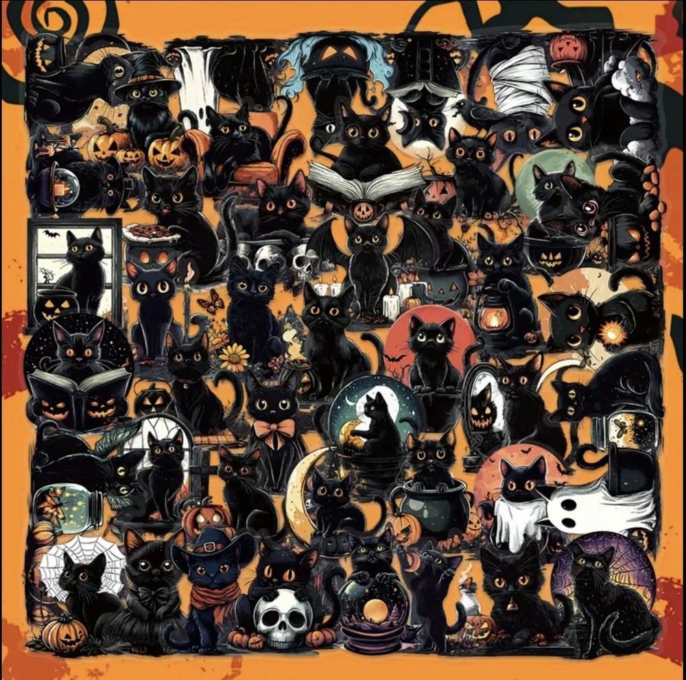10pcs Black Halloween Cat Stickers- Scrapbook, Journal, DIY Crafts & Cards