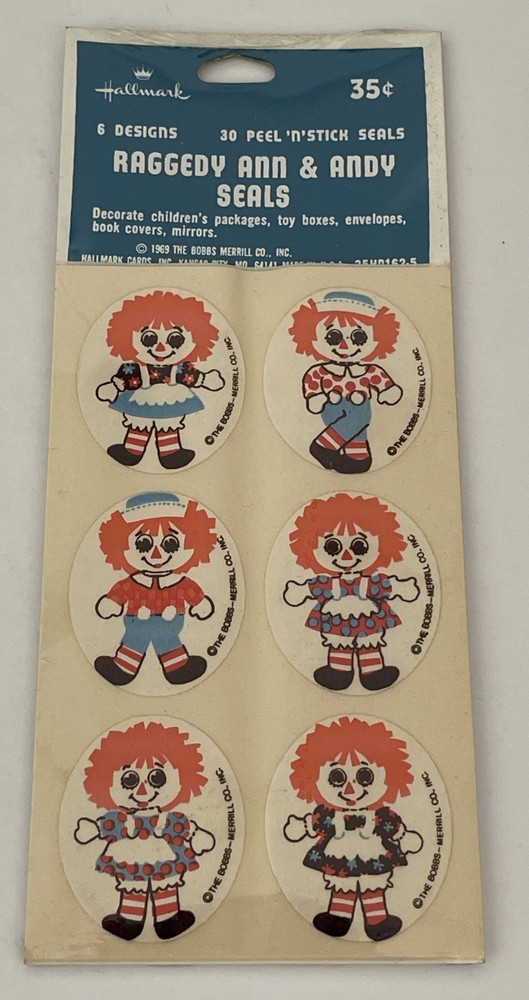 Vintage 1969 Hallmark Raggedy Ann & Andy Peel N Stick Seals Stickers Unused!