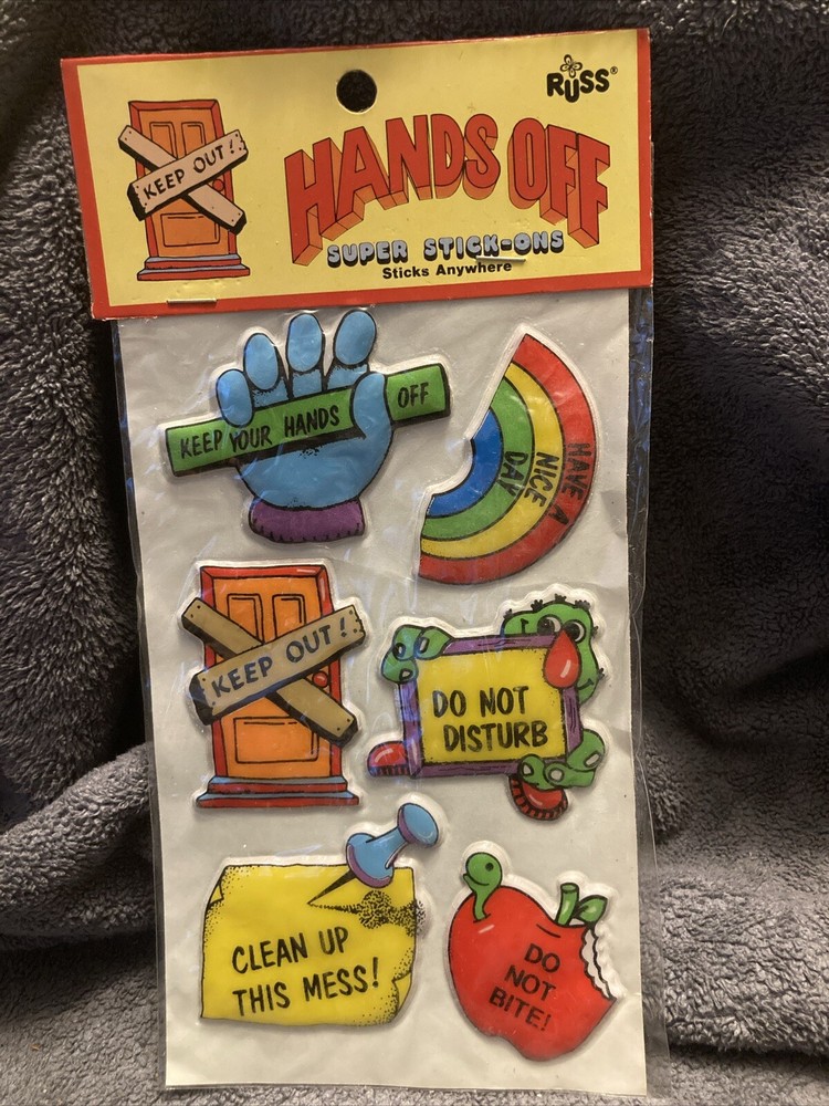 Vintage HTF Russ Super Stick -Ons HANDS OFF Puffy Stickers NIP