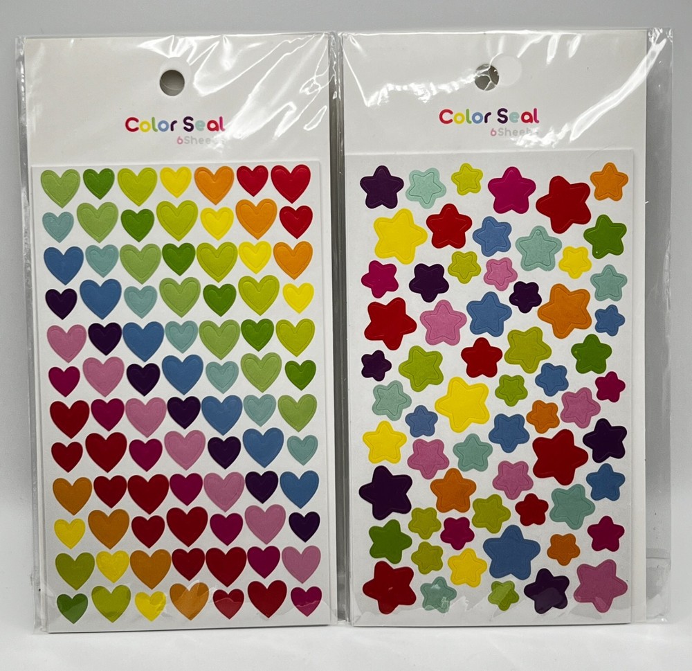 Colorful Hearts & Stars 2 New Packs Rainbow of Stickers! 12 Sheets