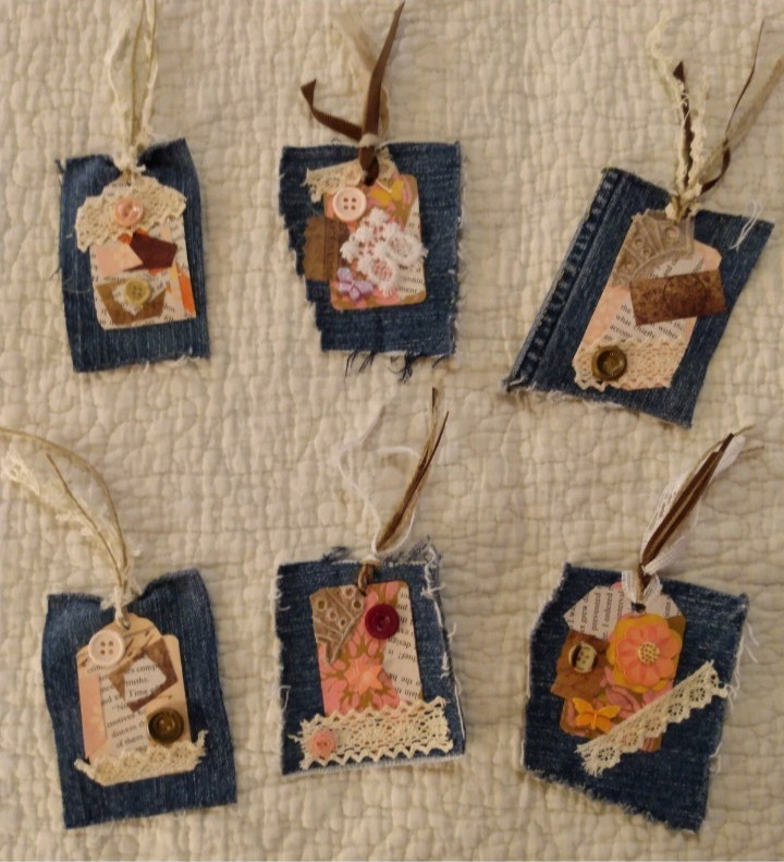 Six OOAK Junk Journal Denim Tags VTG Ephemera Scrapbooking Embellished Handmade