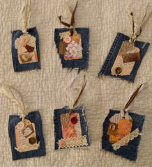 Six OOAK Junk Journal Denim Tags VTG Ephemera Scrapbooking Embellished Handmade