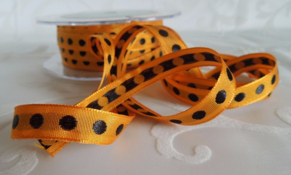 MAY ARTS RIBBONS~SOLID ORANGE WITH BLACK CENTER DOT RIBBON~3/8TH INCH X 3 YDS!