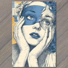 STICKER Blue Masked Woman Comic Pop Style Bold Eyes Blue Lips Vibrant Art