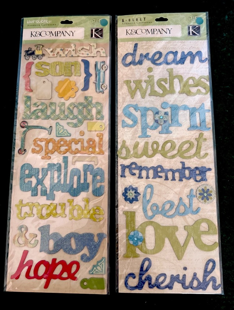 Set OF Two K&Company Chipboard Boys Baby Hopscotch & Addison 33 Pieces Words