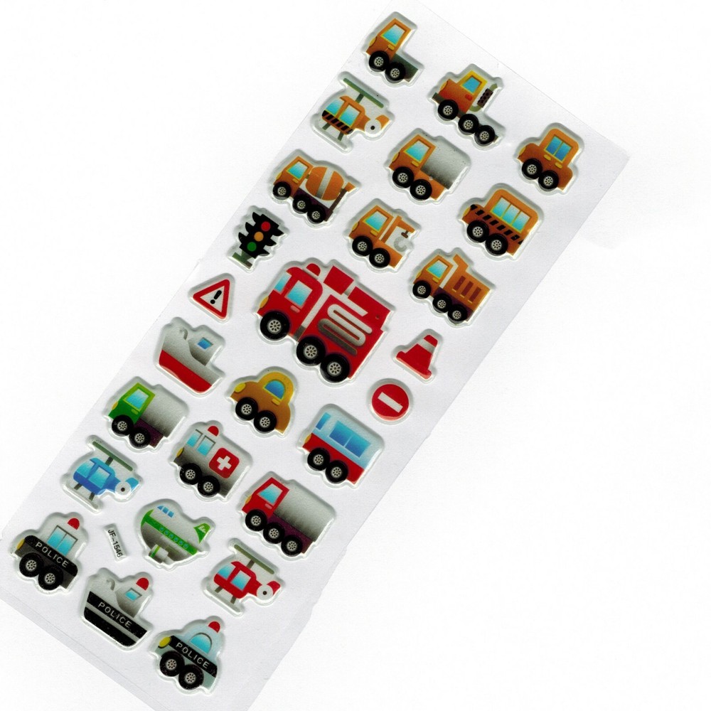 Kids Craft Fun Activity Sticker Truck Red Fire Engine Police Car Blue Helicopter