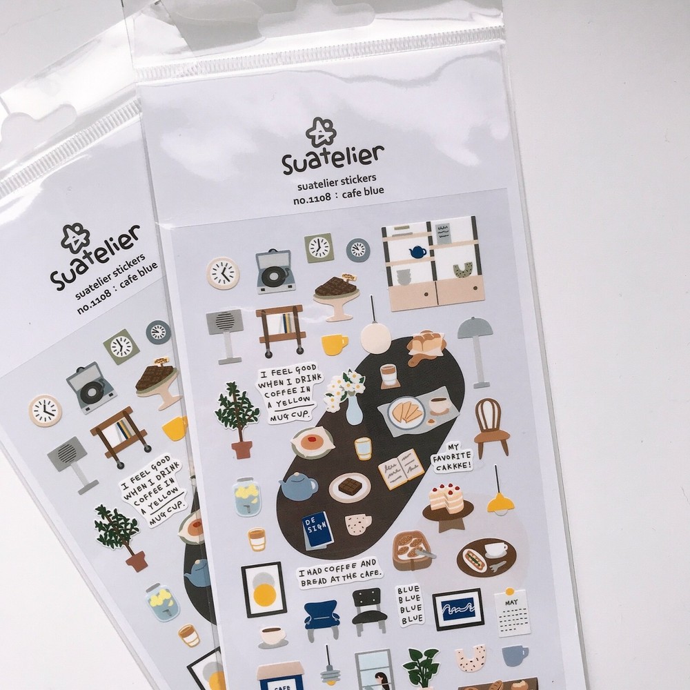 Suatelier Cafe Blue Sticker Sheet | Korean Stationery Craft Deco Scrapbooking