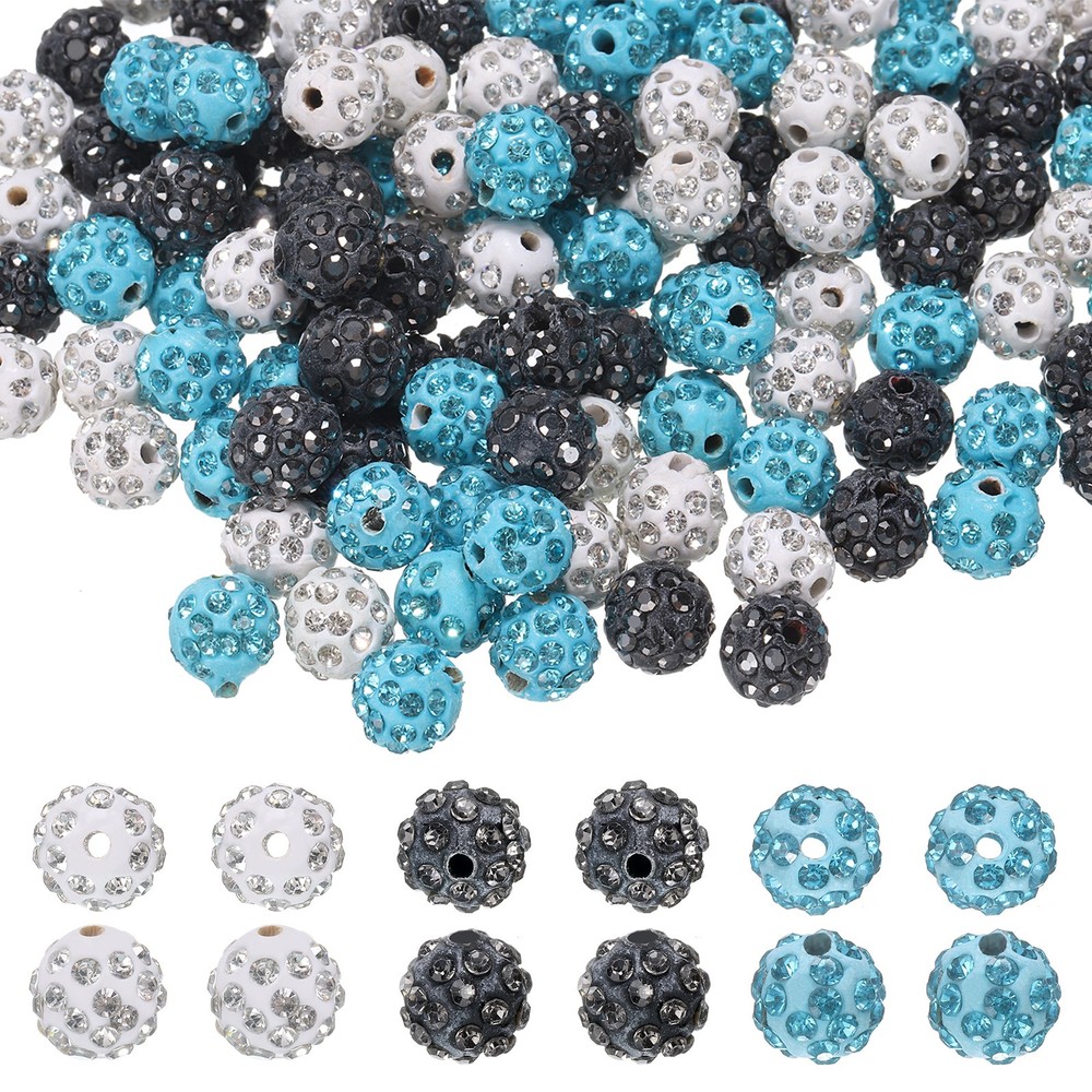150 Pcs 10mm Rhinestone Clay Beads for Jewelry Making, White/Lake Blue/Black