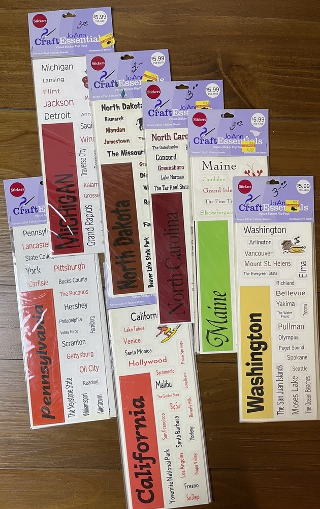 JoAnn States USA Travel Scrapbook Essentials Value Sticker Packs Craft Lot Of 7