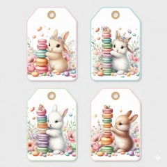 Set Of 4 Bunnies And Macroons Tags Junk Journal Scrapbook