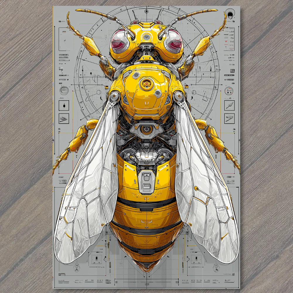 STICKER Cyber Bee Yellow Armor Robotics Wings Blueprint Mecha Bug Futurism Tec
