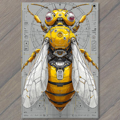 STICKER Cyber Bee Yellow Armor Robotics Wings Blueprint Mecha Bug Futurism Tec