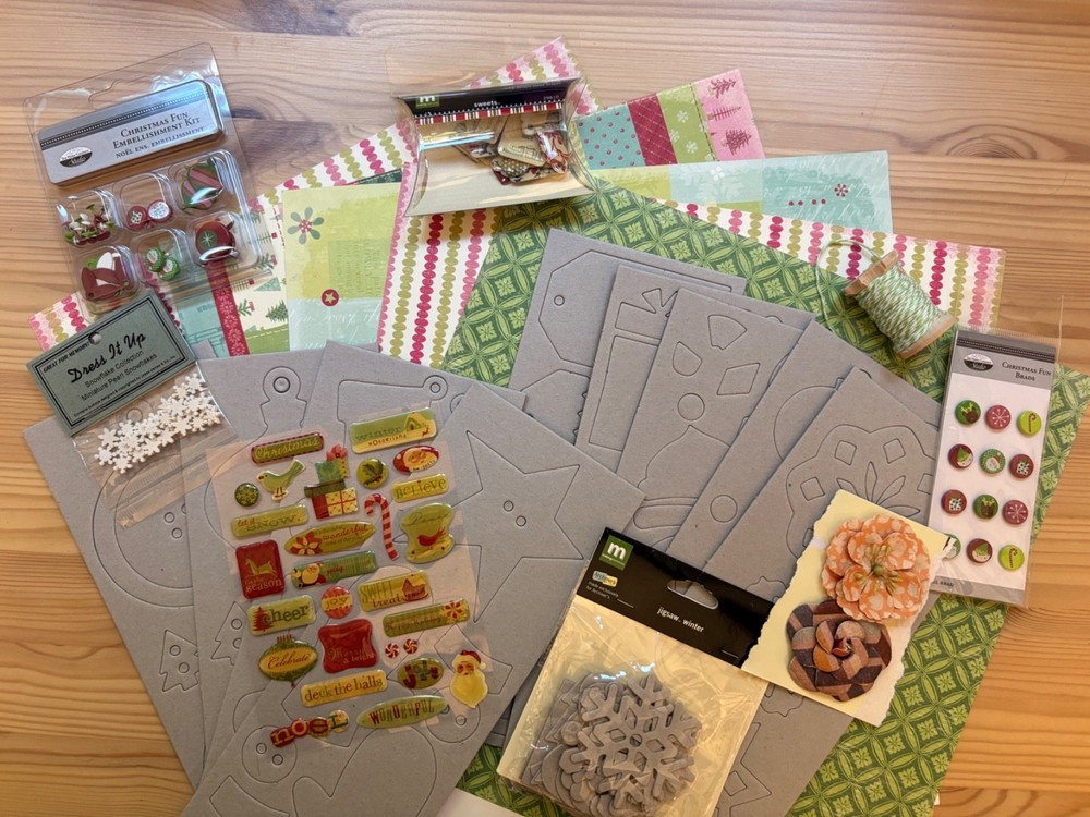 Christmas Scrapbooking & Paper Crafting Lot Chipboard Tags Brads Stickers Paper
