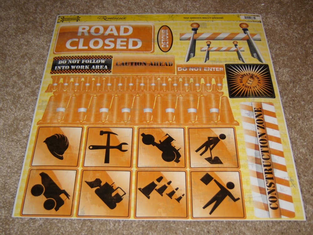 Reminisce 12×12 DieCut Sticker Sheet ~ Road Signs Collection…Construction Site