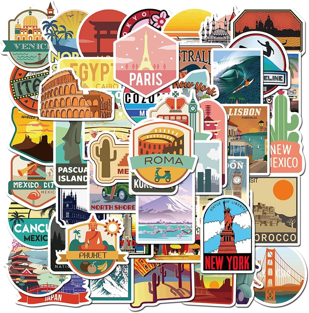 50 Pack Travel World City Landmark USA City Skateboard stickers Waterproof Vinyl