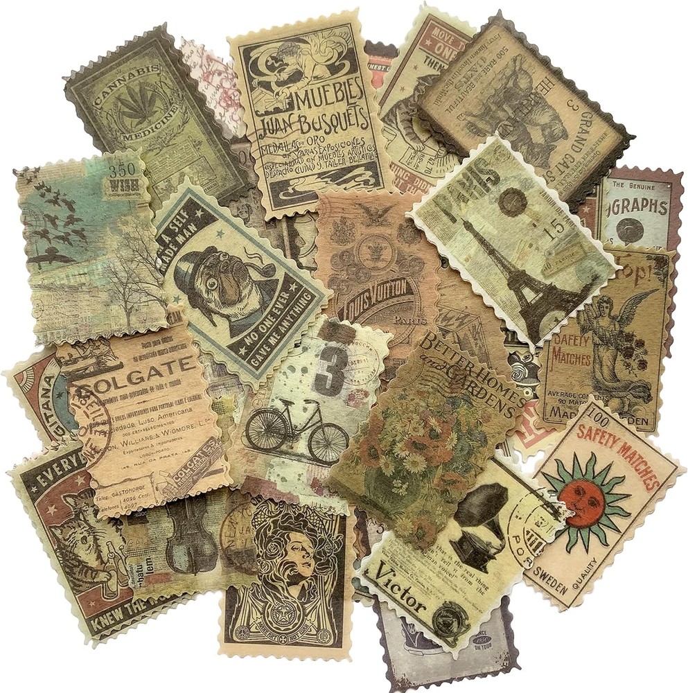 60pcs Vintage Postage Stamp Stickers, Aesthetic Modern Deco Paper Sticker for Sc