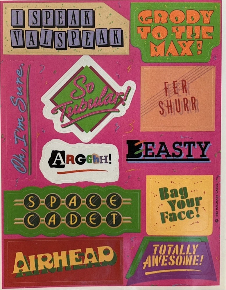 Vintage 1983 Hallmark Sticker Sheet Valley girl Speak Messages Grody Airhead